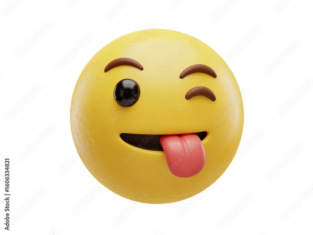 Fototapeta premium Playful yellow emoji with a winking eye and tongue sticking out conveying a mischievous and fun expression isolated on transparent background