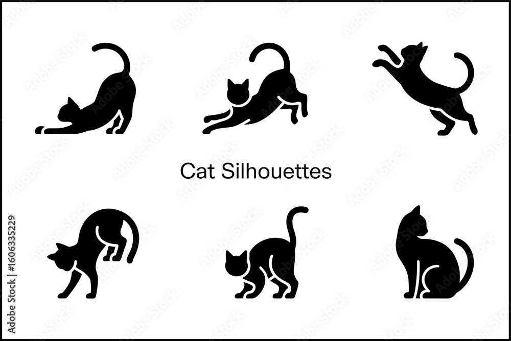 Obraz premium Cat silhouette vector pack, jumping and sitting cats, minimal animal collection, unique black design illustration