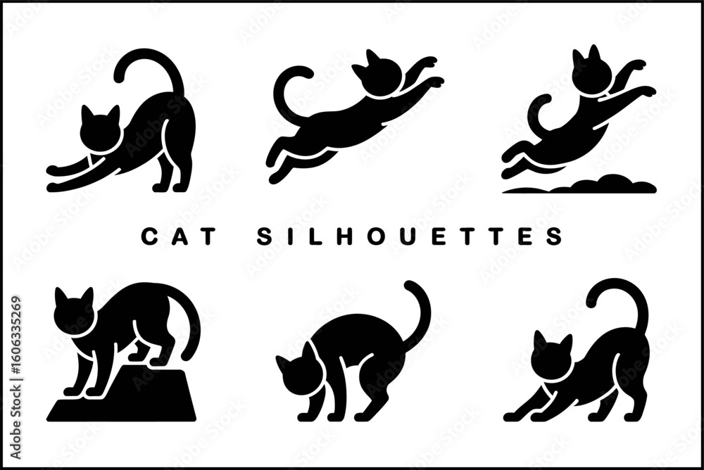 Obraz premium Cat silhouette creative set, stretching and playful cats, modern animal collection, unique vector design illustration