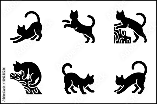 Cat silhouette vector collection, active and relaxed cats, creative animal set, unique black design illustration