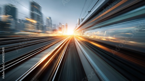 A high-speed train rushes through a modern cityscape at sunset, creating dynamic motion blur and energy