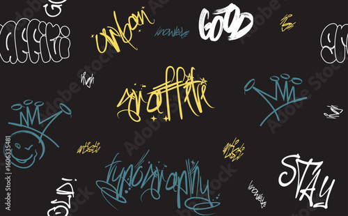 urban graffiti typography, grunge newspaper pattern, grunge paint element, Graffiti seamless pattern abstract, meaningless letters.hand-drawn texture, street art retro style. f.eps