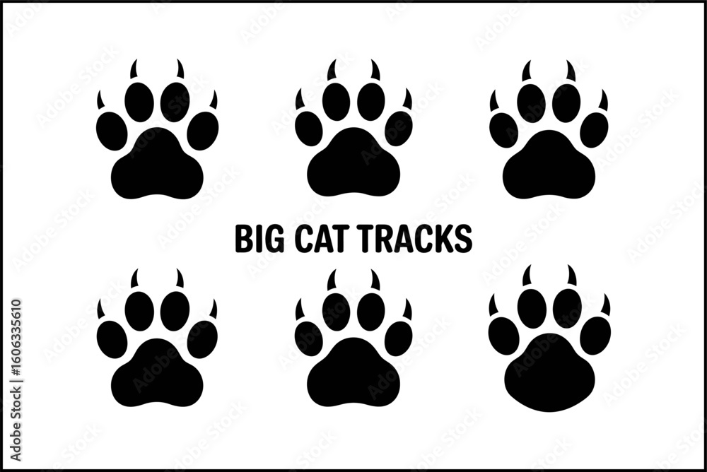 Fototapeta premium Big cat paw print vector set, animal track silhouettes, creative collection, unique wildlife design illustration