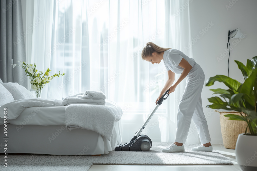 Fototapeta premium Caucasian young adult woman vacuuming carpet beside hotel bed, performing housekeeping duties in bright guest room, fresh towels stacked on bed, large window in background