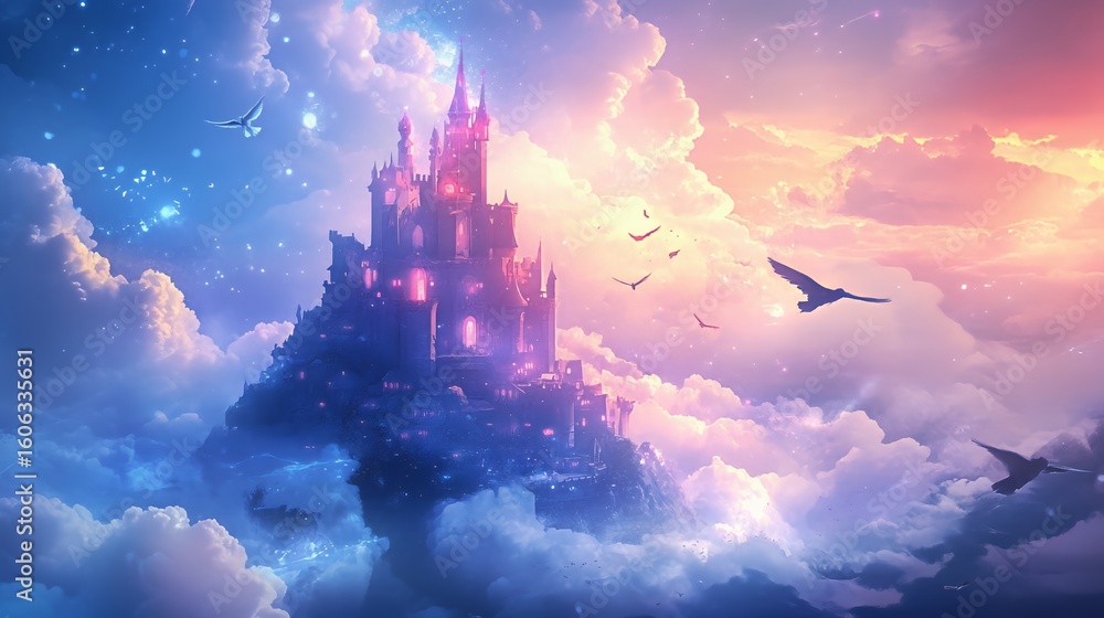 Fototapeta premium Enchanting Castle Above Dreamlike Cloudscape
