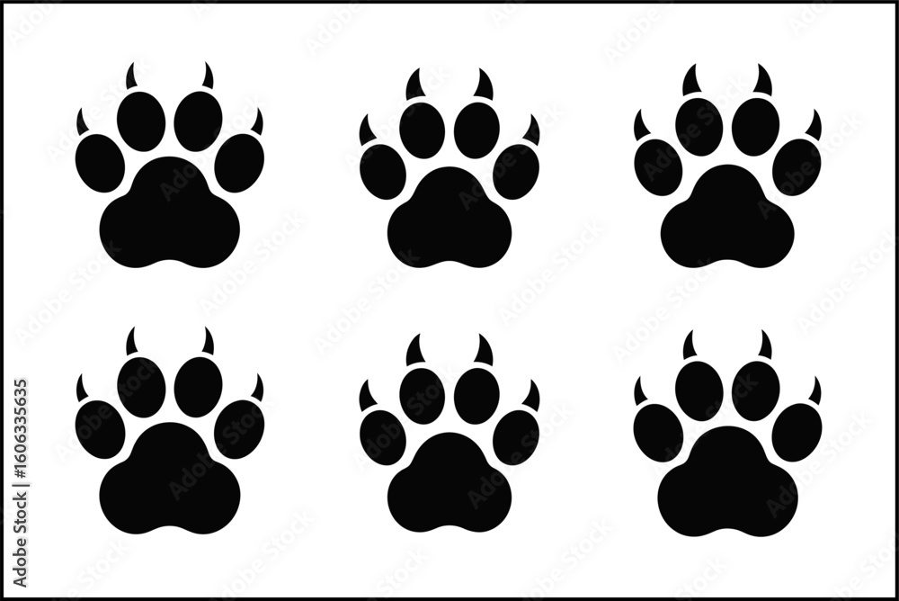 Fototapeta premium Big cat tracks silhouette collection, animal paw print vector set, creative wildlife design, unique illustration
