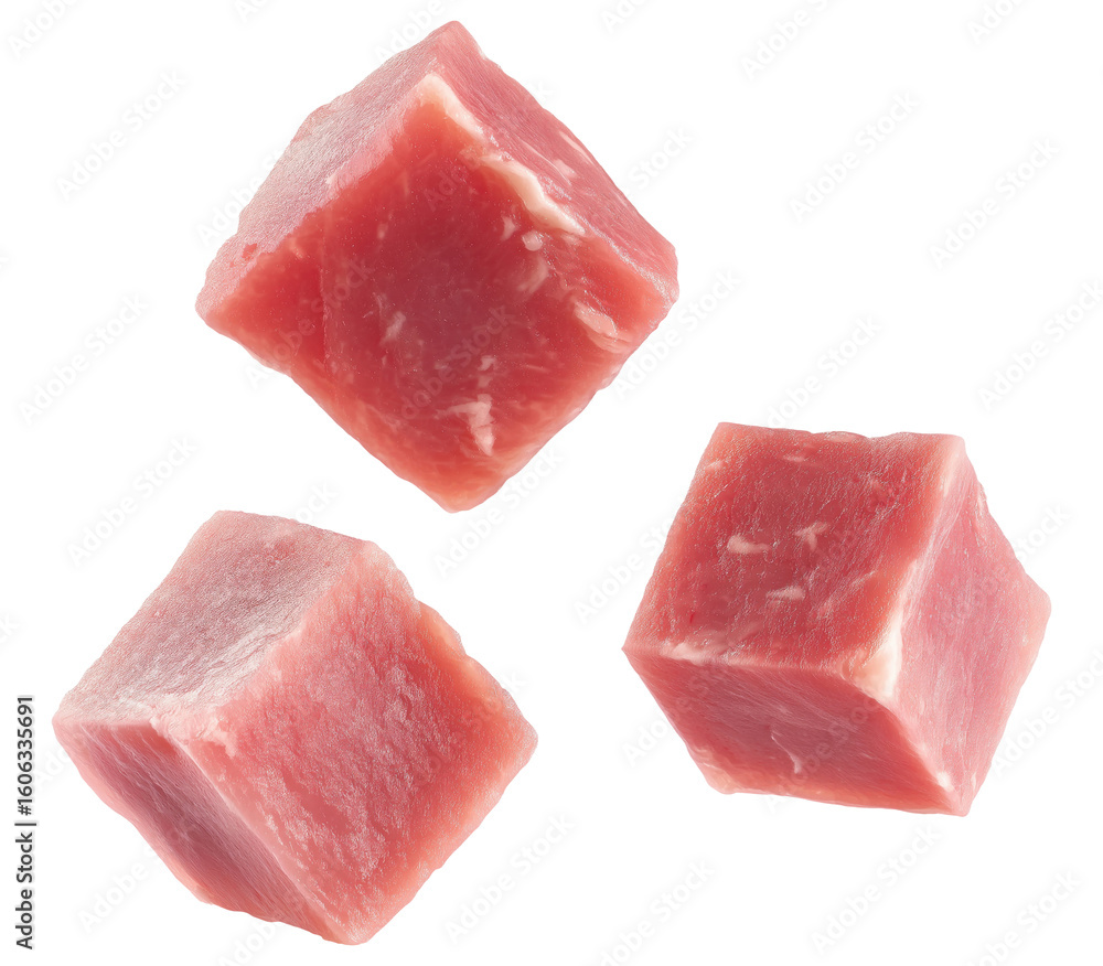 Fresh pork meat chunks cut into cubes isolated on a transparent background Fresh pork meat chunks cut into cubes isolated on a transparent background