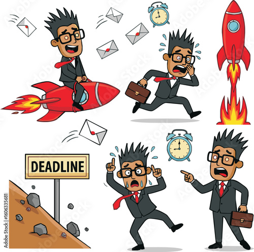Cartoon businessman in various stressful situations: riding a rocket, running with a briefcase, facing a deadline, and reacting with panic.