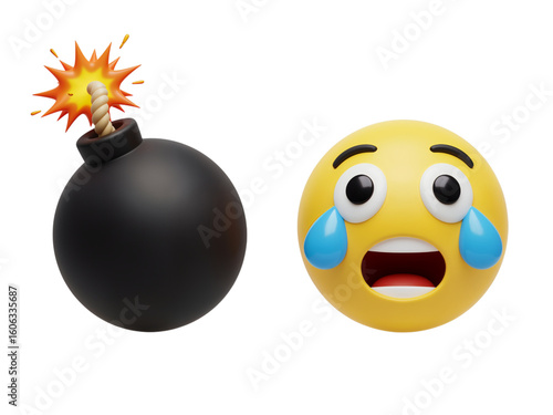 A classic black bomb with a lit fuse next to a crying emoji face isolated on transparent background