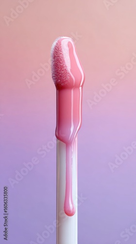Close up of a cosmetic applicator with pink lip gloss dripping down the wand against a gradient background of pink and purple.
