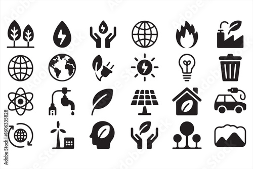 Environmental and Sustainability Icons for Clean Energy and Conservation