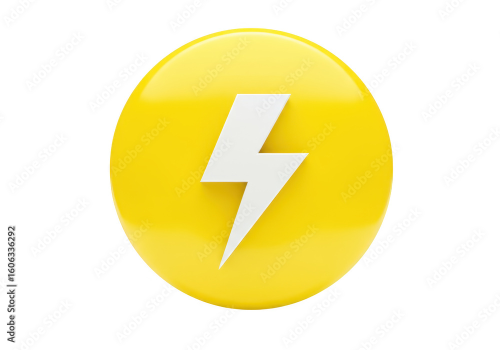 Yellow circle with white lightning bolt symbol representing energy and power 3d render isolated on transparent background Yellow circle with white lightning bolt symbol representing energy and power 3d render isolated on transparent background