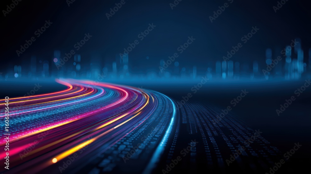 Fototapeta premium Colorful light trails curve through a digital landscape, symbolizing fast data transfer and advanced technology in a futuristic setting