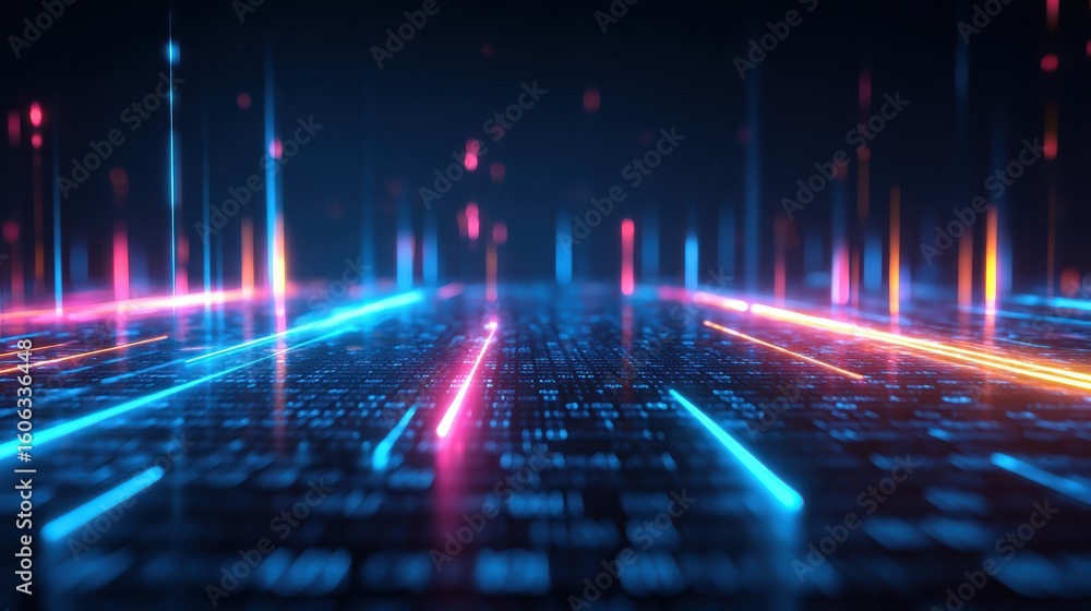 Fototapeta premium Futuristic digital landscape with glowing neon lines and data streams on a dark background, evoking technology and cyberspace