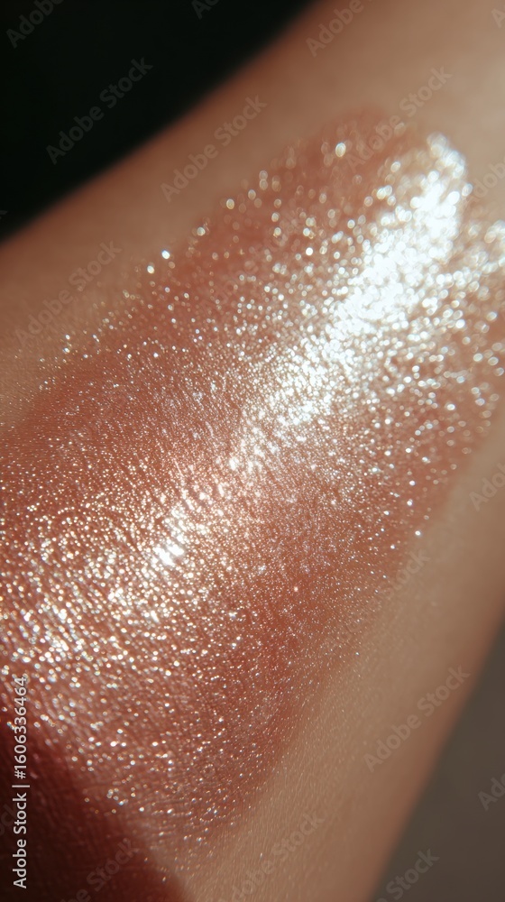 Fototapeta premium Sparkling rose gold glitter lip gloss swatch on skin with light reflection