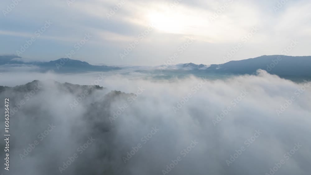 Hyperlapse 4K video of an aerial view of beautiful clouds or fog moving over the mountain peaks in northern Thailand. Hyperlapse 4K video of an aerial view of beautiful clouds or fog moving over the mountain peaks in northern Thailand.