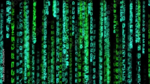 Fading green numbers and letters stream downward against a black backdrop, evoking a digital, matrix-like effect