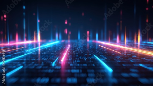 Futuristic digital landscape with glowing neon lines and data streams on a dark background, evoking technology and cyberspace