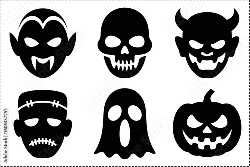Halloween horror face silhouette set, vampire skull Frankenstein ghost pumpkin, spooky mask collection, unique vector design