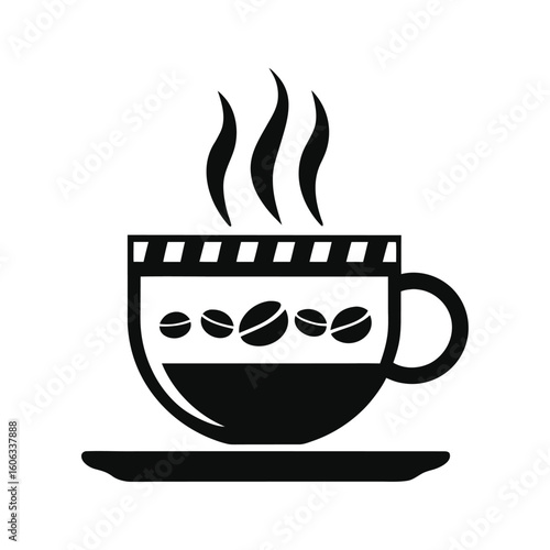 Black and white icon of a steaming coffee cup with beans on a saucer drink beverage