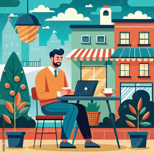 Man with laptop and coffee at outdoor cafe vector