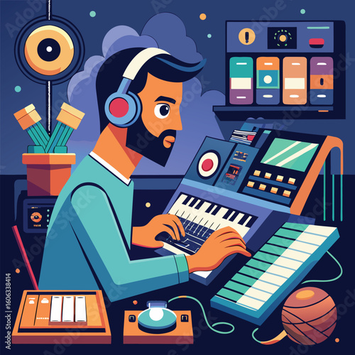 Man with headphones using music equipment music producer keyboard