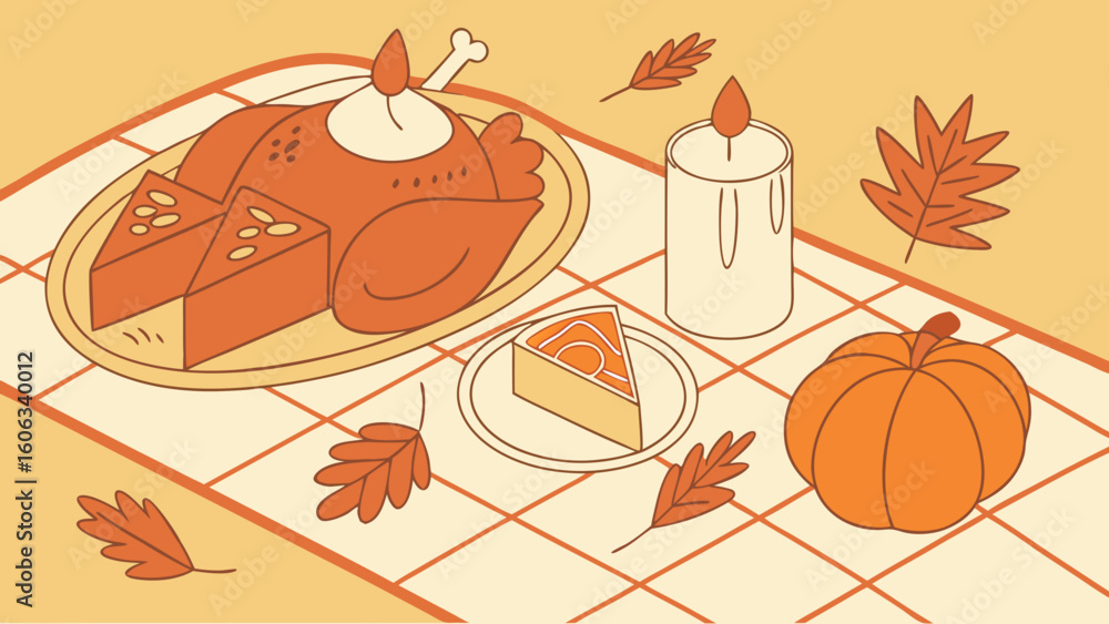 Fototapeta premium Thanksgiving dinner vector with roasted turkey, pumpkin pie, fall leaves, and festive table setup.