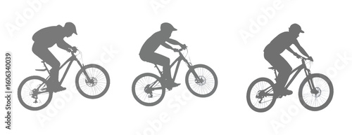 Three silhouettes of a mountain biker performing tricks on a black background