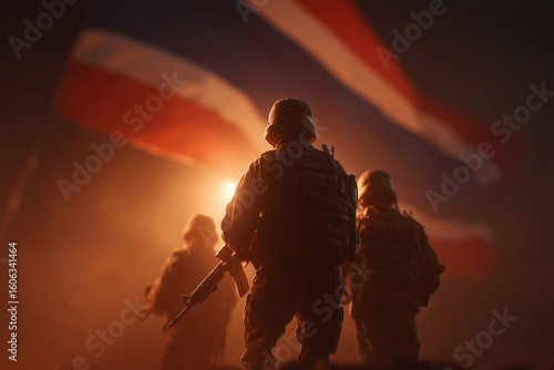 A bold composition featuring silhouetted armed soldiers standing before an enlarged Thai national flag that fills the entire background. 