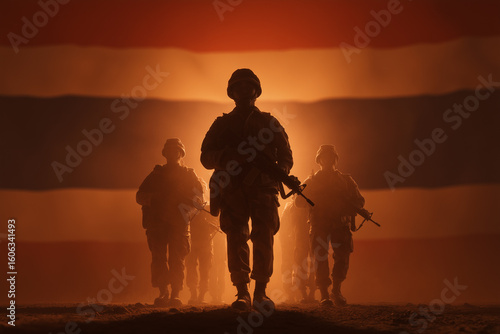 A bold composition featuring silhouetted armed soldiers standing before an enlarged Thai national flag that fills the entire background. 