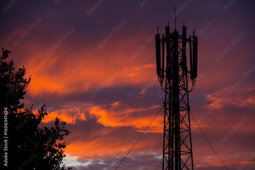 Fototapeta premium Cell tower against dramatic sunset sky with clouds and tree silhouette communication antenna