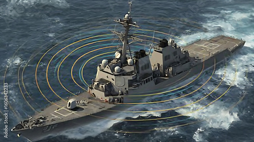 Advanced shipboard electronic warfare system generating concentric defense shields intercepting missile trails amidst stormy sea chaos, futuristic military technology concept.