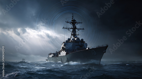 Advanced shipboard electronic warfare system generating concentric defense shields intercepting missile trails amidst stormy sea chaos, futuristic military technology concept.