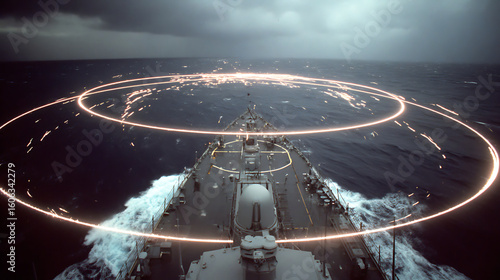Advanced shipboard electronic warfare system generating concentric defense shields intercepting missile trails amidst stormy sea chaos, futuristic military technology concept.