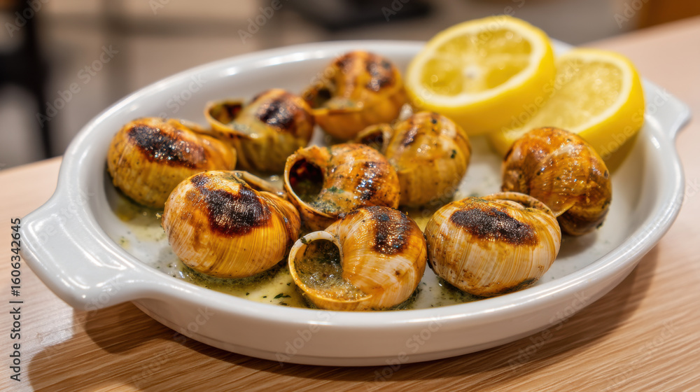 Fototapeta premium Ceramic plate with hot baked escargots and lemon wedges on the side. 