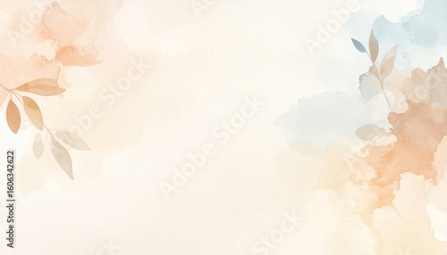 Delicate watercolor wash background with soft muted leaves and blossoms.