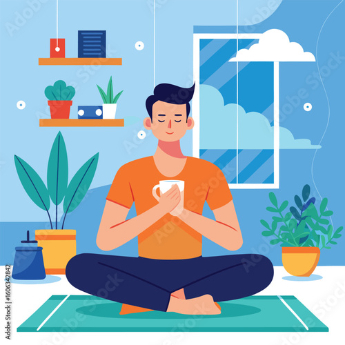 Man meditating with cup indoors yoga breathing