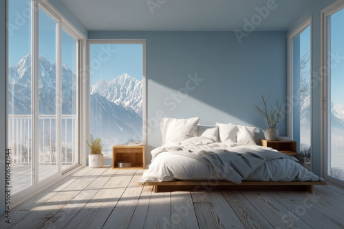 Modern hotel room featuring unmade bed with sunlight streaming through large windows, showcasing scenic mountain view outside, emphasizing premium accommodation and hospitality service