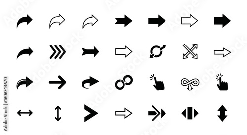 A collection of various arrow and cursor icons arranged in rows on a white background.