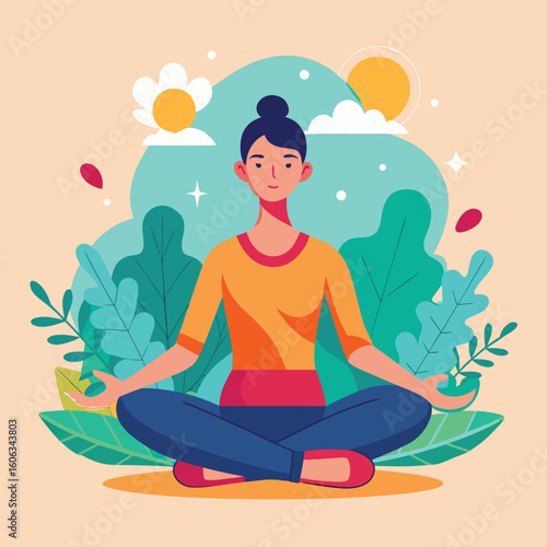 Woman meditating peacefully surrounded by lush green foliage and bright sun yoga calmness