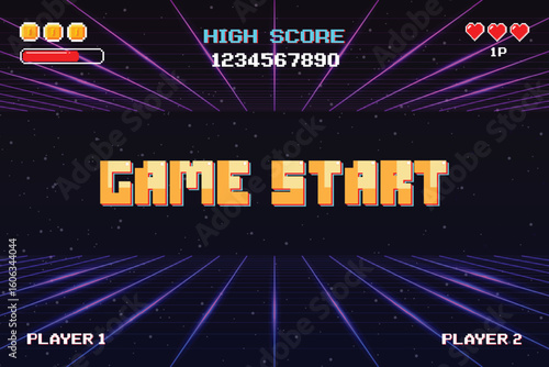 GAME START. pixel art .8 bit game. retro game. for game assets. arcade gaming. Vector illustration.
