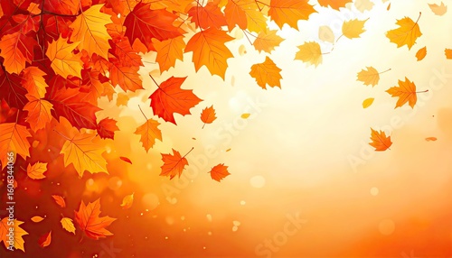 Vivid illustration of falling autumn leaves in warm, golden sunlight, creating a beautiful seasonal scene.