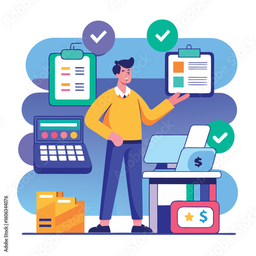 Man choosing payment options with laptop and cash register yellow sweater blue pants
