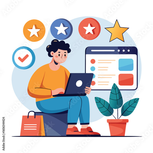 Person browsing online reviews and ratings on laptop online shopping