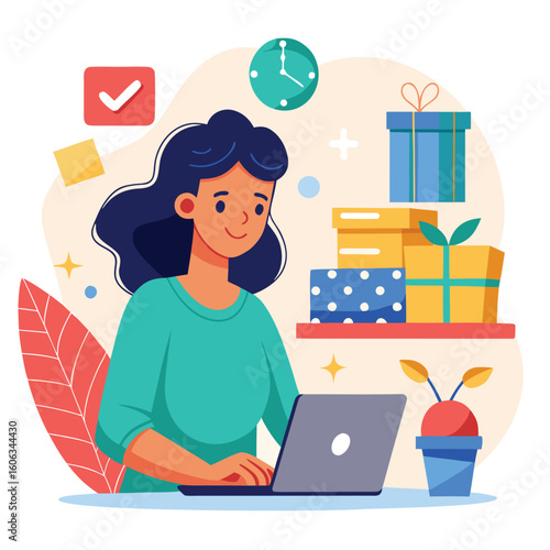 Woman browsing gifts on laptop surrounded by presents vector