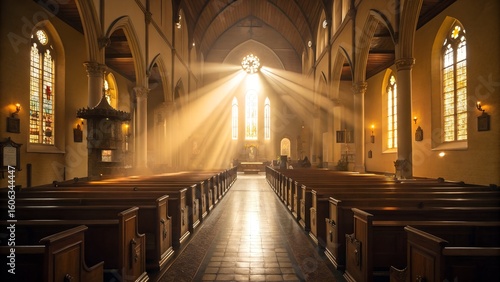 Sunlight streams through stained glass windows, illuminating the empty pews inside a grand church.