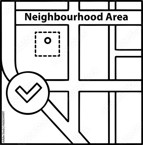 Home buying process vector map showing neighbourhood area with check mark icon