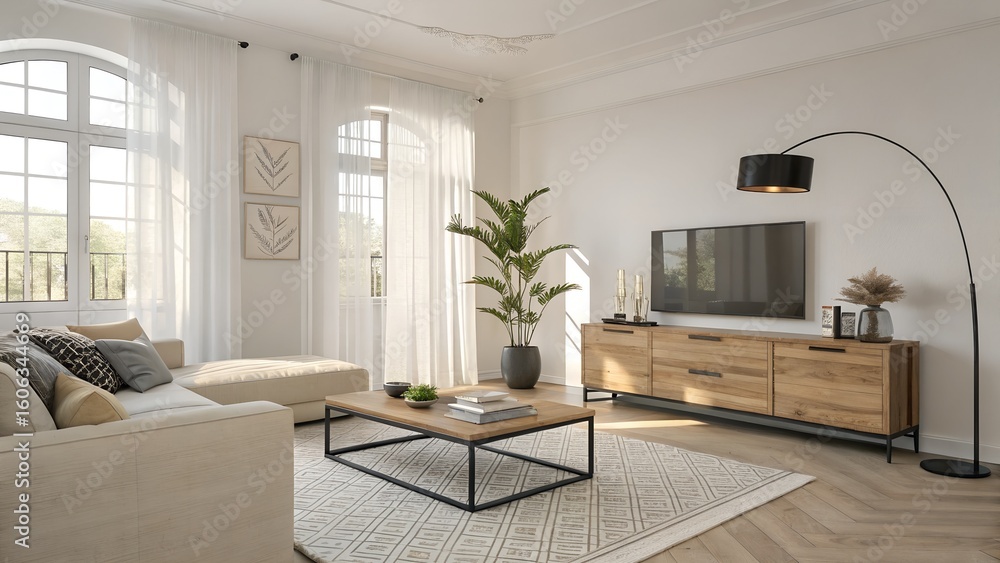 Fototapeta premium A bright living room displays a modern sectional sofa and a wooden media console with a large television and a curved floor lamp.