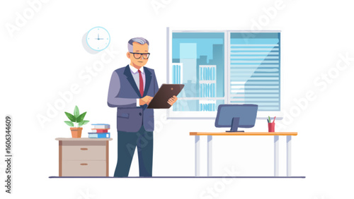 A man in a suit standing in an office holding a clipboard with a desk and window behind him