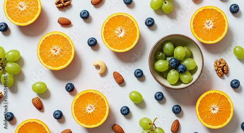 A vibrant flat lay of fresh oranges, grapes, blueberries, and nuts on a white table
